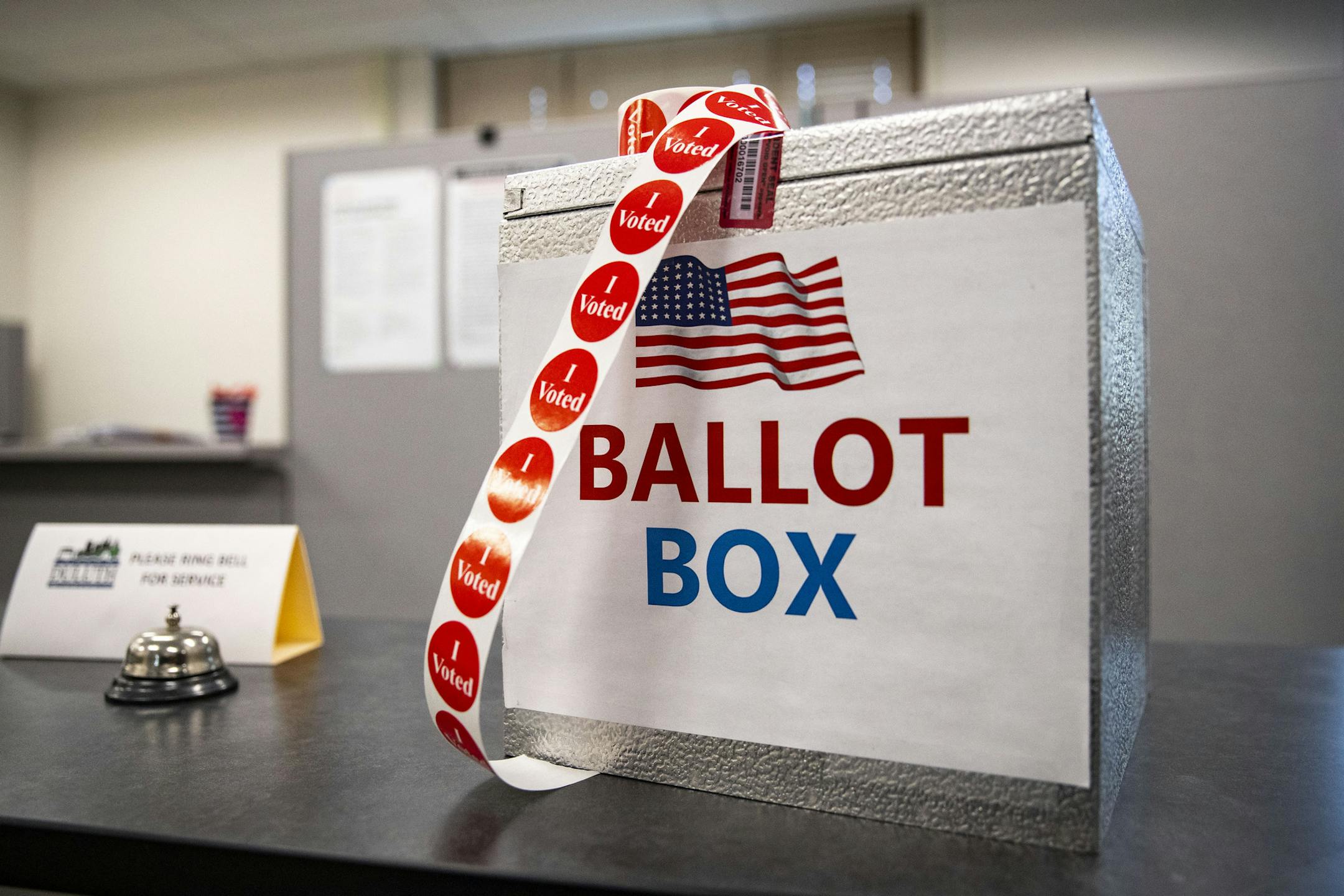 A ballot box is set up inside the Duluth City Clerk's office for early voters to drop their ballots in.