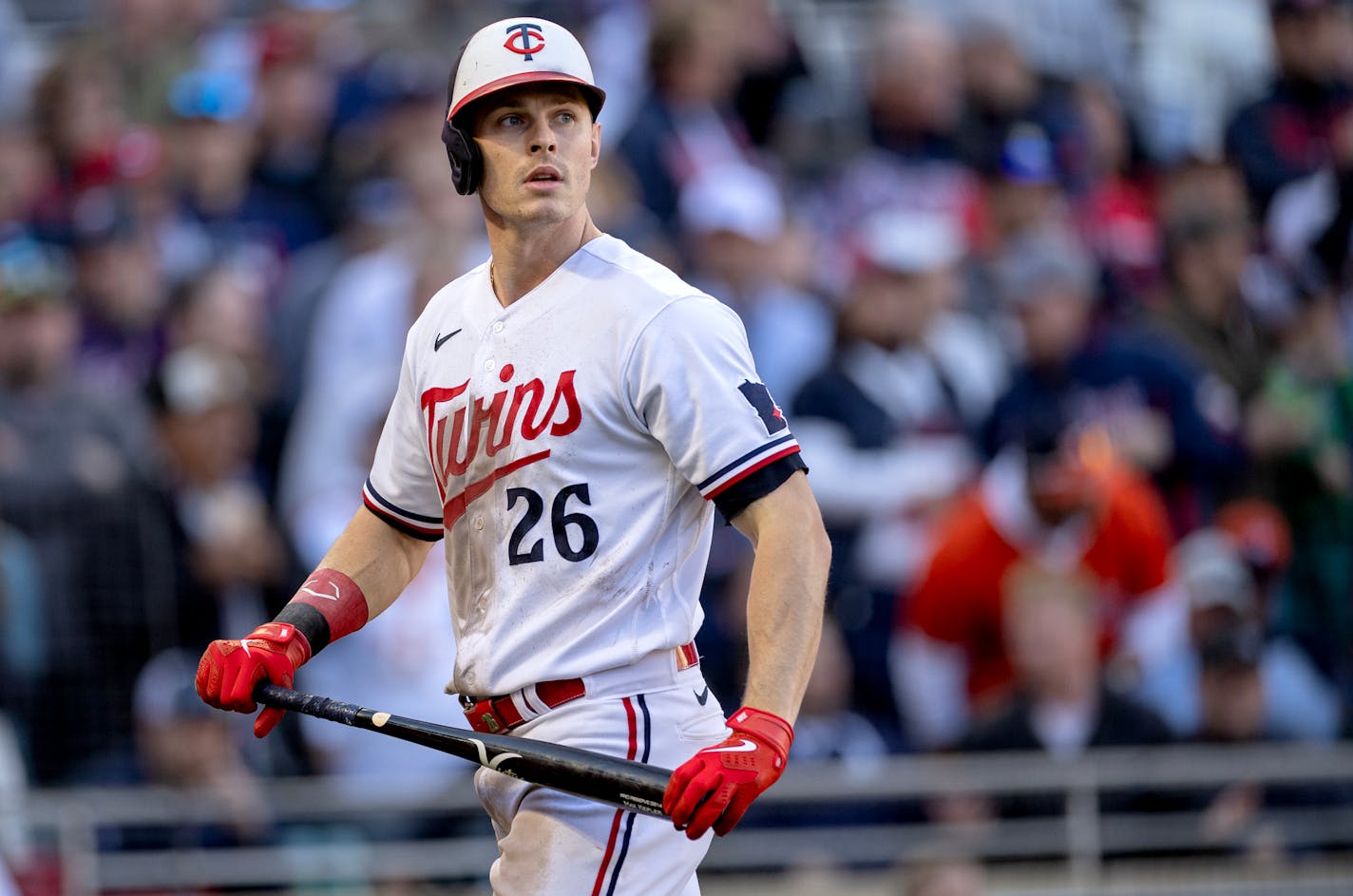 Max Kepler of the Minnesota Twins walk back to dugout after striking out with bases loaded in the fifth inning during Game 3 of the ALDS, Tuesday, October 10, 2023, at Target Field in Minneapolis, Minn. ] CARLOS GONZALEZ • carlos.gonzalez@startribune.com