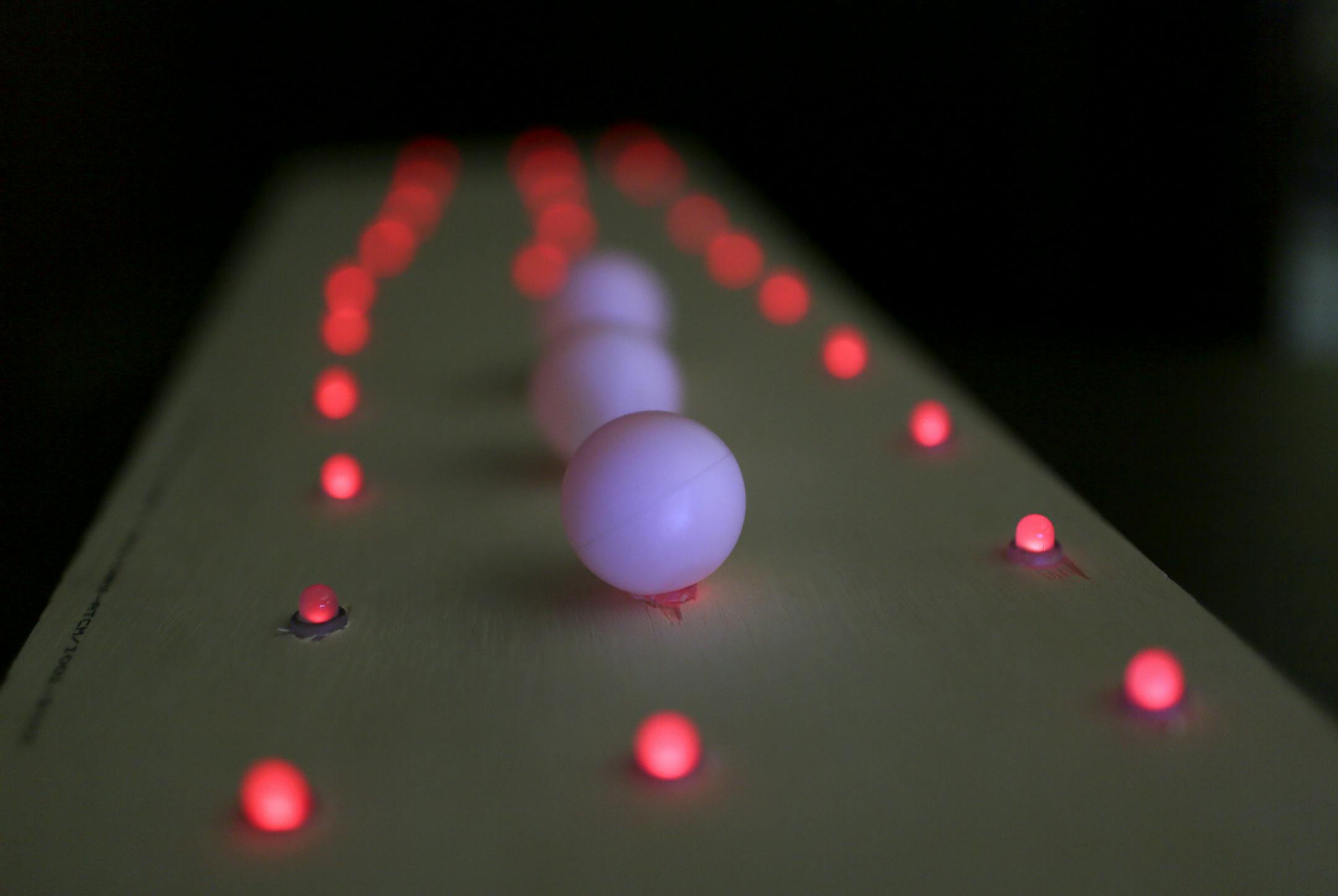 A partial prototype for Northern Spark called strange attractors made up of LED lights and ping pongs and meant to mimic fireflies at the Hack Factory Friday, May 31, 2013, in Minneapolis, MN.](DAVID JOLES/STARTRIBUNE) djoles@startribune.com Hack Factory artists contributions for Northern Spark.