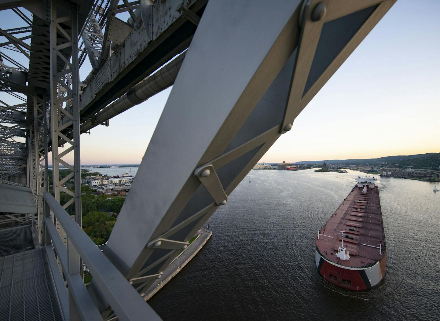 The Edwin H. Gott passes under the Aerial Lift Bridge in Duluth.