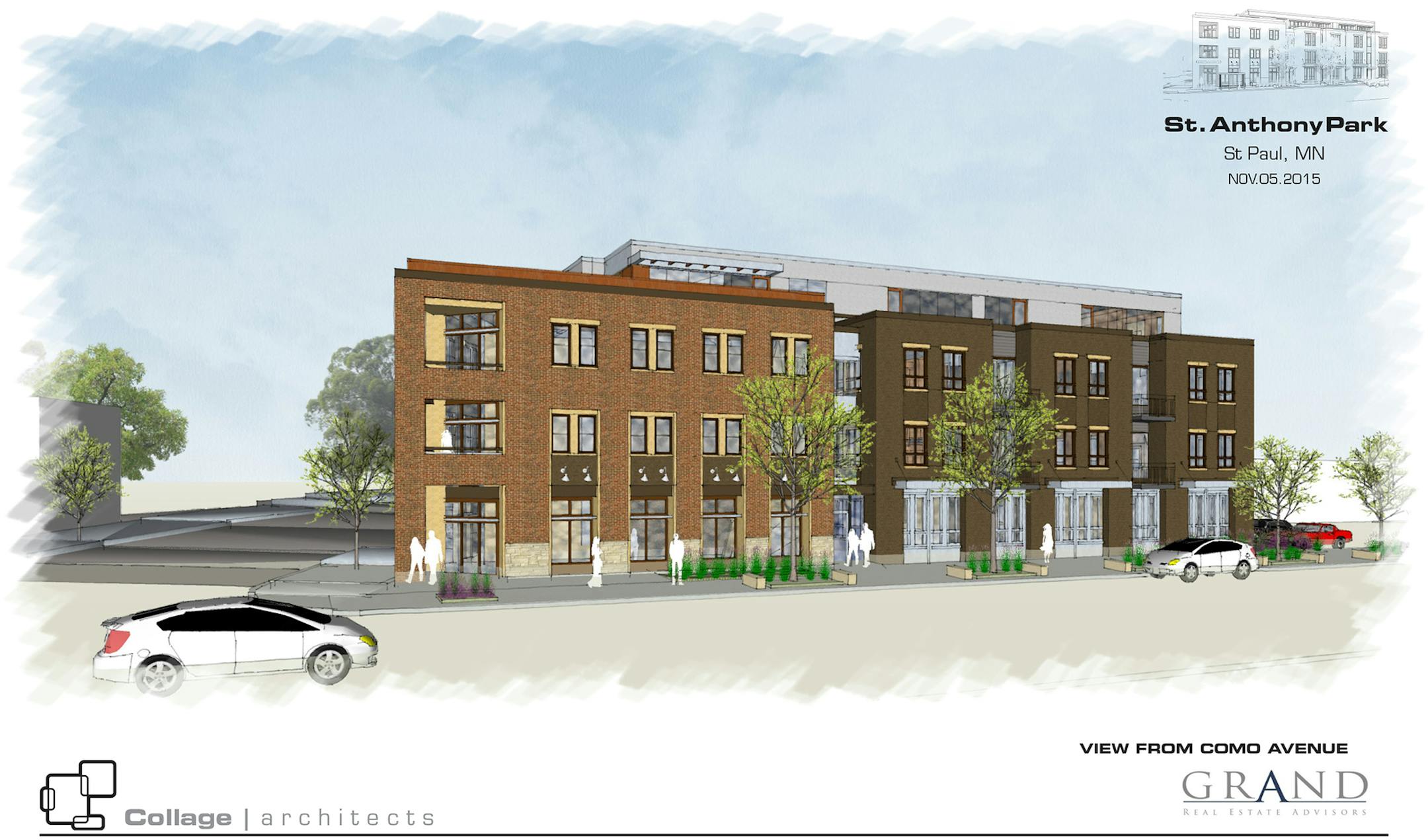 Park 24 Como Avenue and Doswell in St. Anthony Park neighborhood of St. Paul Market Rate rental project - 25 units ranging from 720 to 1,245 square feet 4-story with rooftop deck and community room; exercise room and underground parking First floor retail Project team is Grand REA; owner Ned Wessenberg; Sunrise Bank; Collage Architects and Big D Construction. Demolition to start immediately with completion of September 2016; already have signed leases!