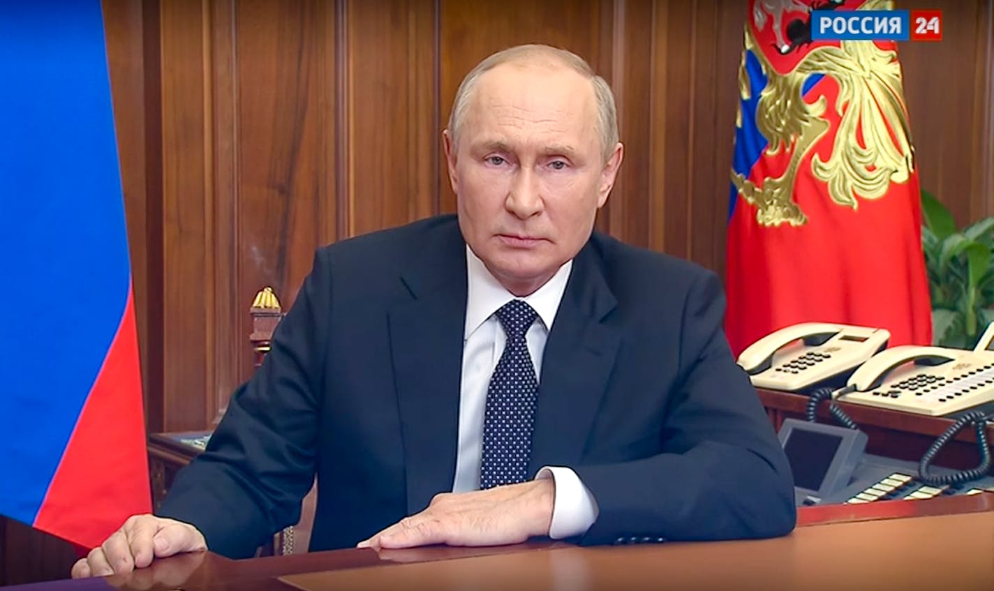 In this image made from a video released by the Russian Presidential Press Service, Russian President Vladimir Putin addresses the nation in Moscow, Russia, Wednesday, Sept. 21, 2022. (Russian Presidential Press Service via AP)