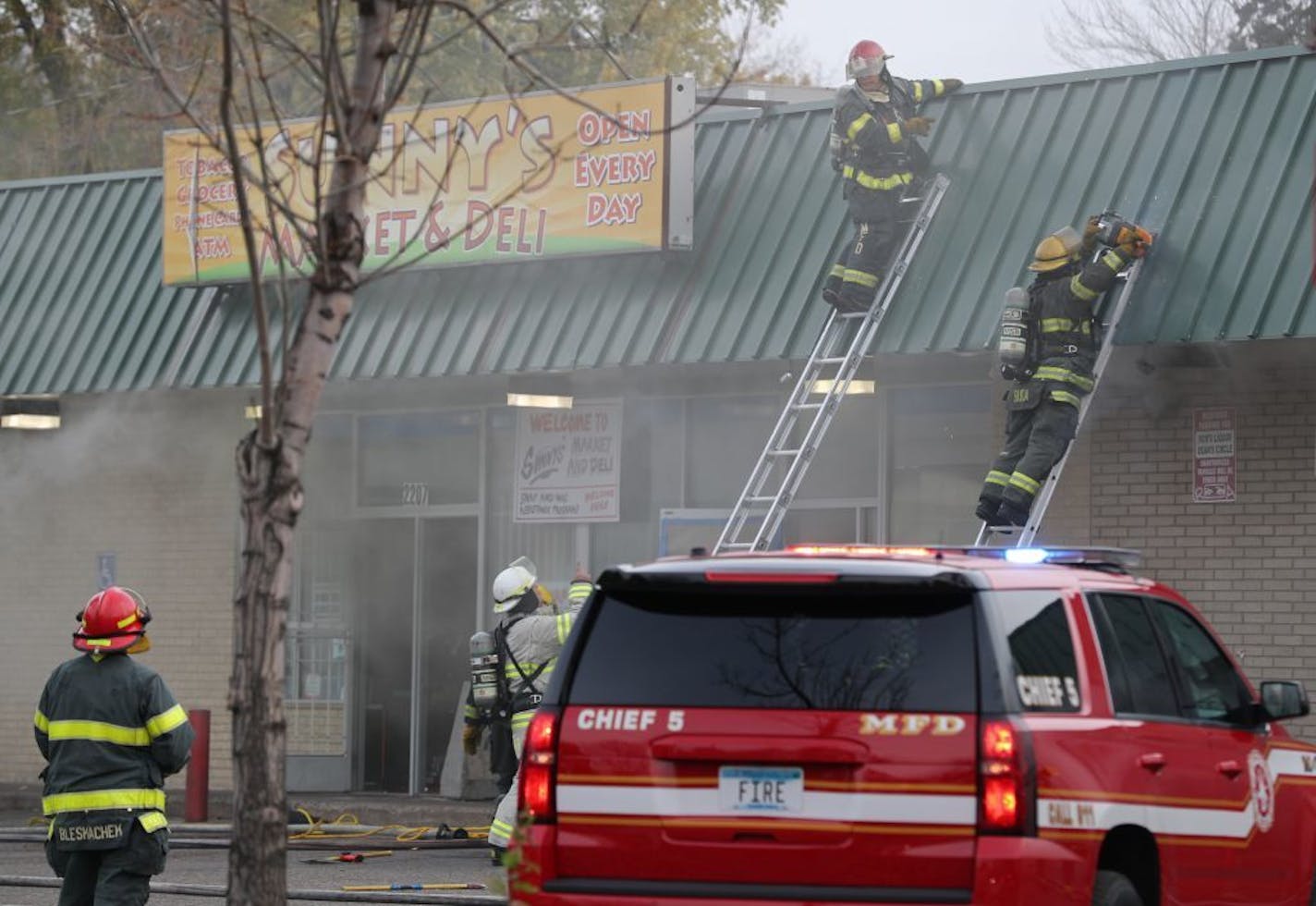 A two alarm fire broke out at the B & G Liquors and Sunny's Market & Deli on the corner of NE 22nd Avenue and University Avenue in Northeast Minneapolis on Tuesday, October 30, 2018.