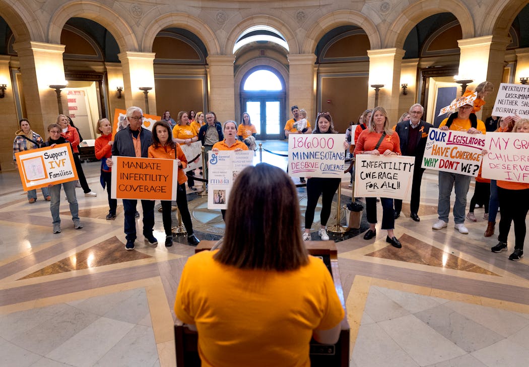 Miraya Gran of Bloomington speaks in the rotunda during a rally calling for IVF insurance coverage at the Minnesota State Capitol in St. Paul on April 18. The cost of the procedure can be prohibitive and is not always covered by insurance.  