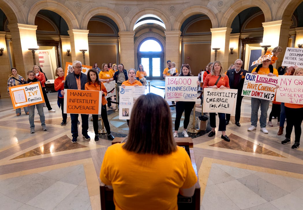 Miraya Gran of Bloomington speaks in the rotunda during a rally calling for IVF insurance coverage at the Minnesota State Capitol in St. Paul on April 18. The cost of the procedure can be prohibitive and is not always covered by insurance.