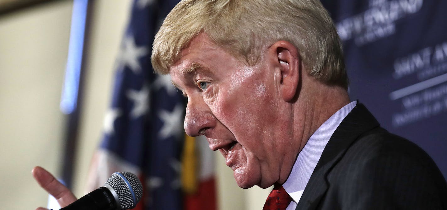 Former Massachusetts Gov. William Weld gestures during a New England Council 'Politics & Eggs' breakfast in Bedford, N.H., Friday, Feb. 15, 2019. Weld announced he's creating a presidential exploratory committee for a run in the 2020 election. (AP Photo/Charles Krupa)