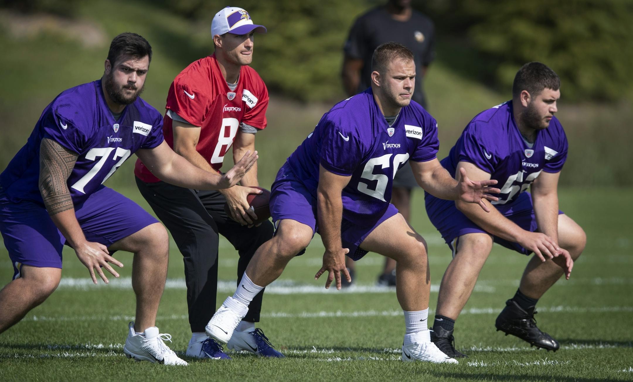 Vikings rookie center Garrett Bradbury snapped the ball to Kirk Cousins during the first day of training for Vikings rookies at TCO Performance Center July,23 2019 in Eagan, MN.