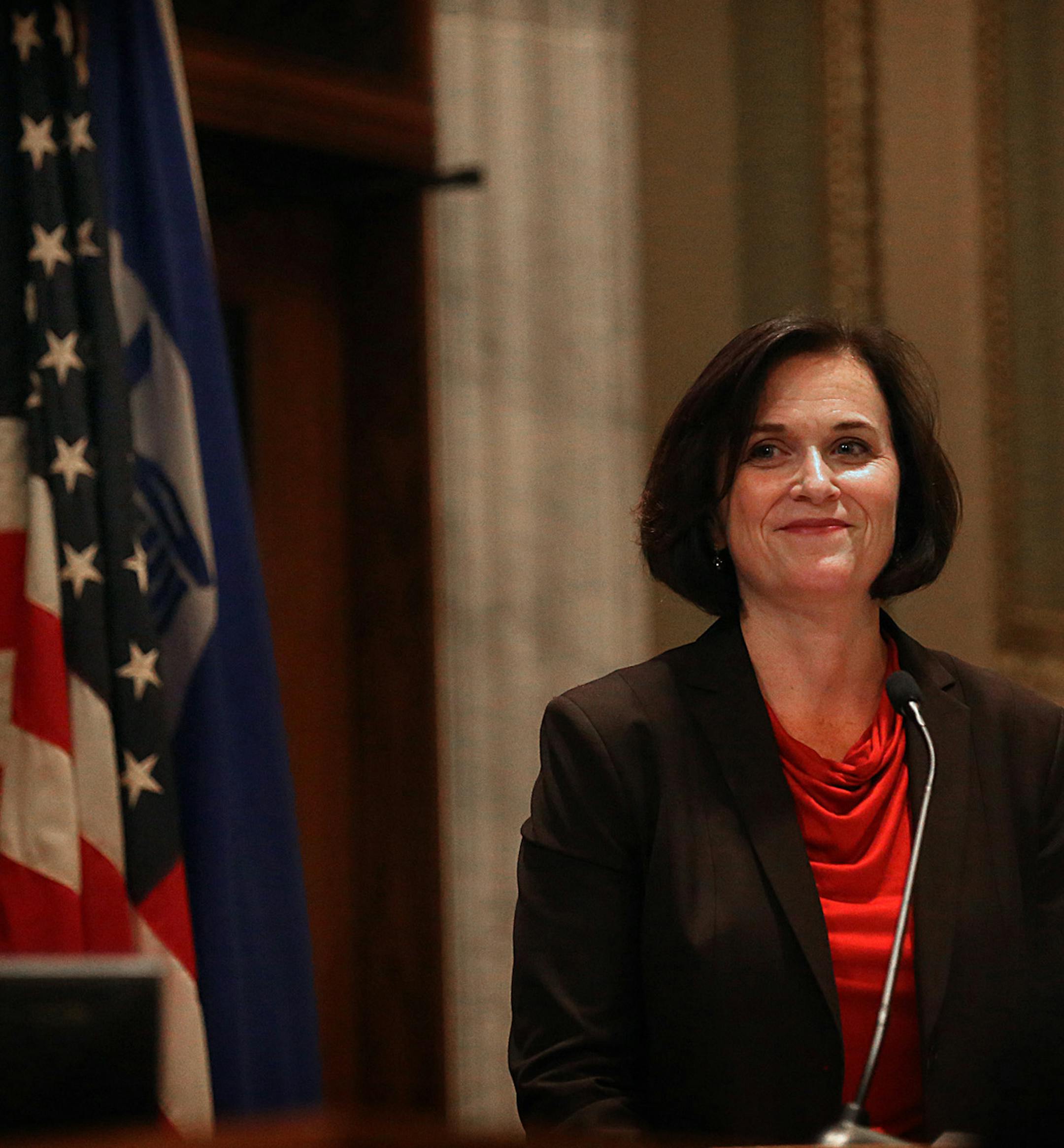 Minneapolis Mayor Betsy Hodges paused for a moment as she delivered the budget address. ] JIM GEHRZ &#x201a;&#xc4;&#xa2; jgehrz@startribune.com / Minneapolis, MN / August 14, 2014 / 11:00 AM / BACKGROUND INFORMATION: Minneapolis Mayor Betsy Hodges delivered her first budget address before the City Council in the Minneapolis City Hall City Council Chambers. ORG XMIT: MIN1408141323556022