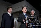 South Korean national security director Chung Eui-yong, center, speaks to reporters at the White House in Washington, Thursday, March 8, 2018, as inte