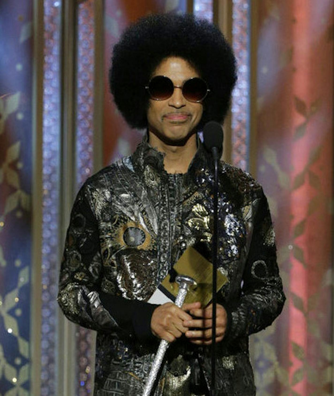 In this image released by NBC, Prince presents an award at the 72nd Annual Golden Globe Awards on Sunday, Jan. 11, 2015, at the Beverly Hilton Hotel in Beverly Hills, Calif. (AP Photo/NBC, Paul Drinkwater) ORG XMIT: MIN2015011120452302