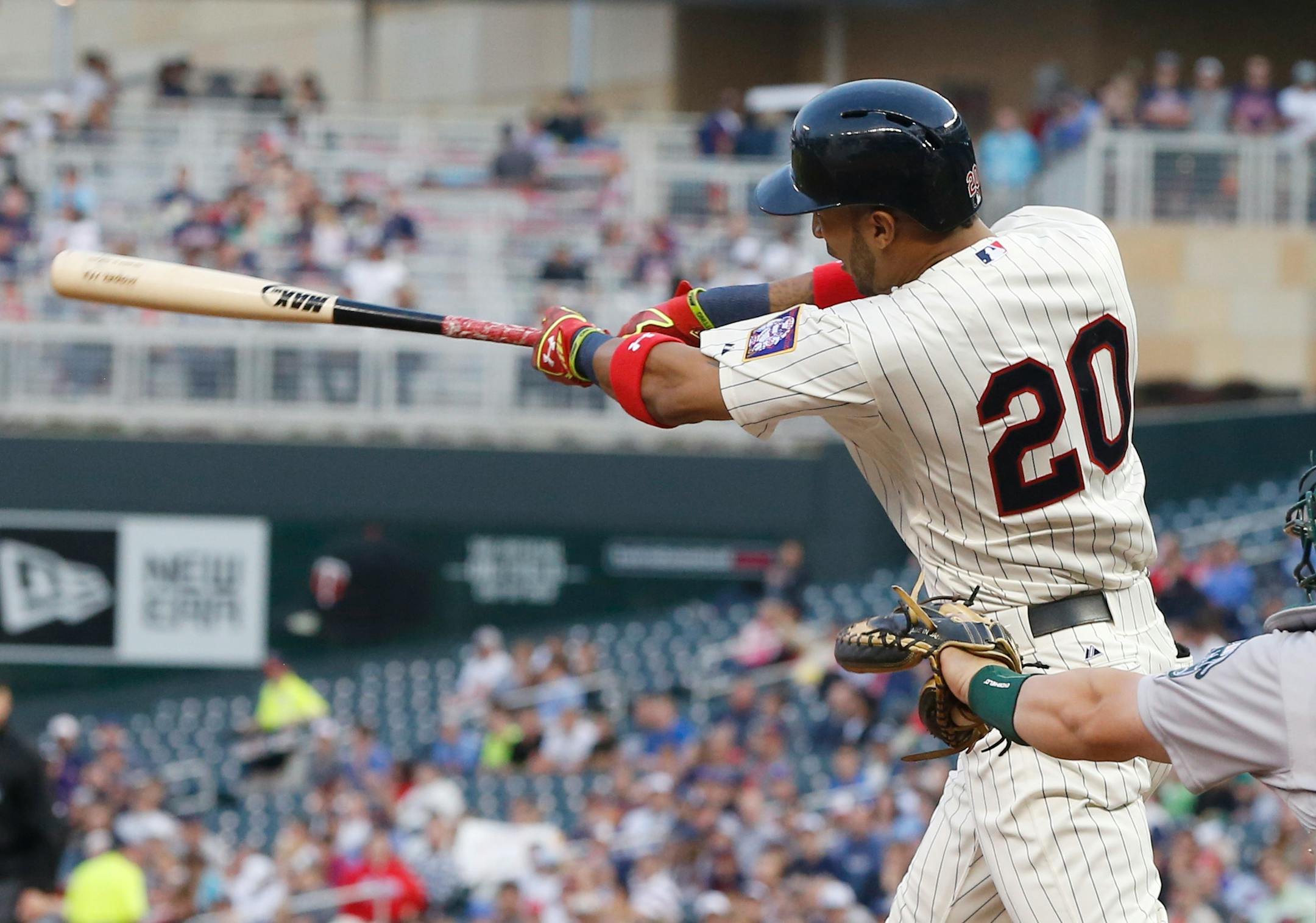 Twins newcomer Eddie Rosario hit his first major league home run on the first pitch off Athletics pitcher Scott Kazmir in the third inning Wednesday.