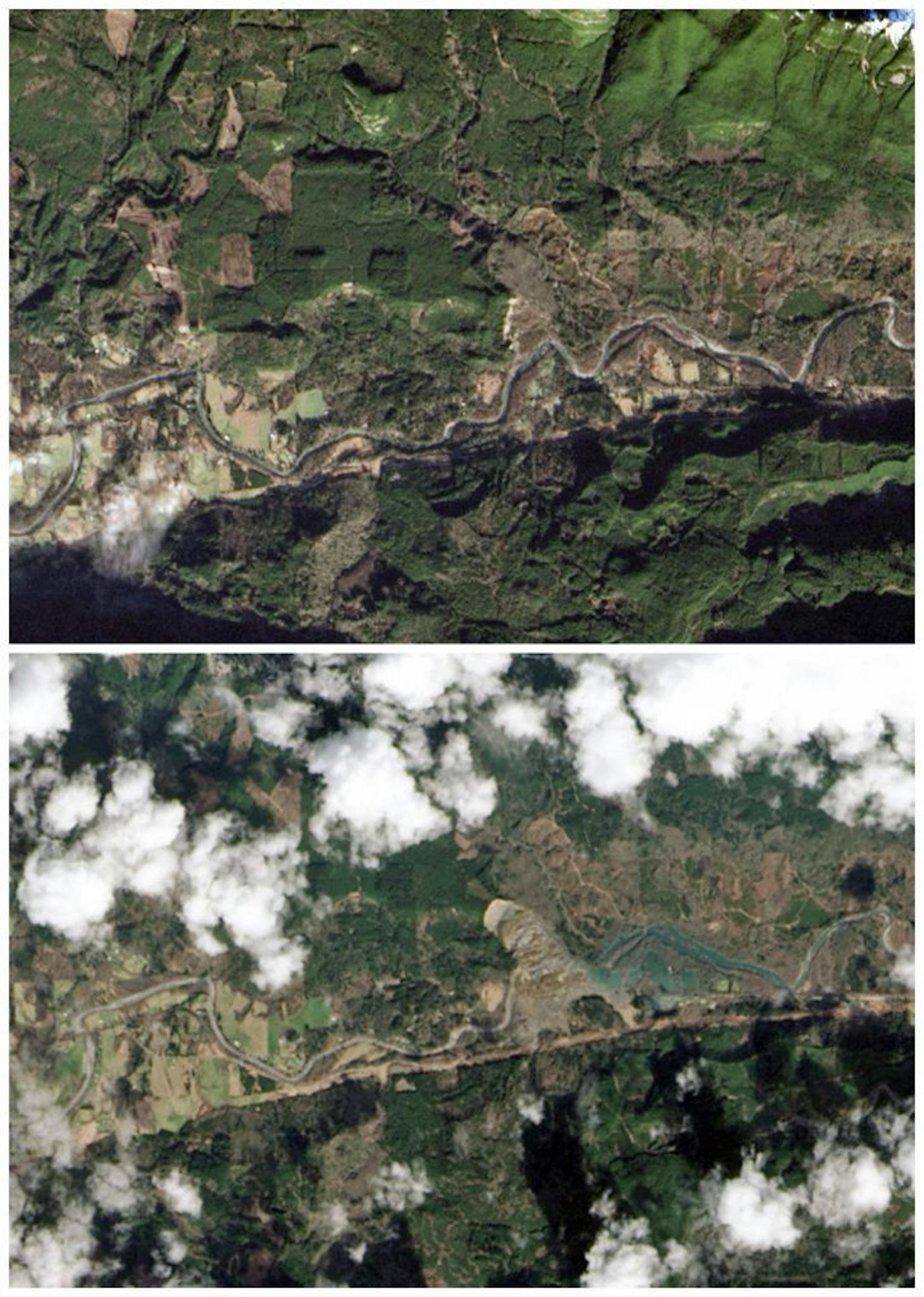 This combination of images provided by NASA shows the Oso, Wash. area on Jan. 18, 2014, top, and the same area on March 23, 2014, bottom, after a March 22 landslide sent muddy debris spilling across the North Fork of the Stillaguamish River. The debris engulfed numerous homes, resulting in the deaths of at least 14 people.