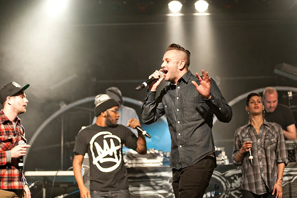 Cecil Otter, left, P.O.S. and Sims flanked Dessa at Doomtree's Blowout 8 at First Avenue on Dec. 14, 2012.