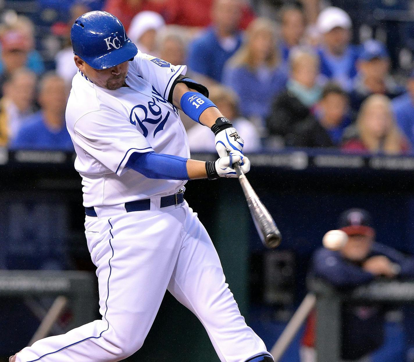 Kansas City Royals designated hitter Billy Butler (16) connects on a single in the third inning during Wednesday's baseball game against the Minnesota Twins on June 5, 2013, at Kauffman Stadium in Kansas City, Missouri. (John Sleezer/Kansas City Star/MCT)