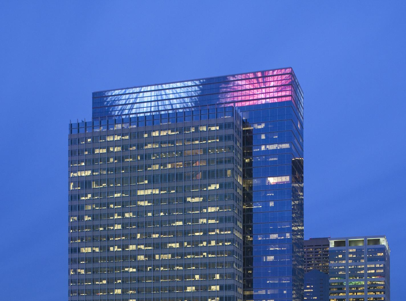 Target has created about 30 different motifs over the years for the lights atop its corporate headquarters. This one is a fireworks-themed display.