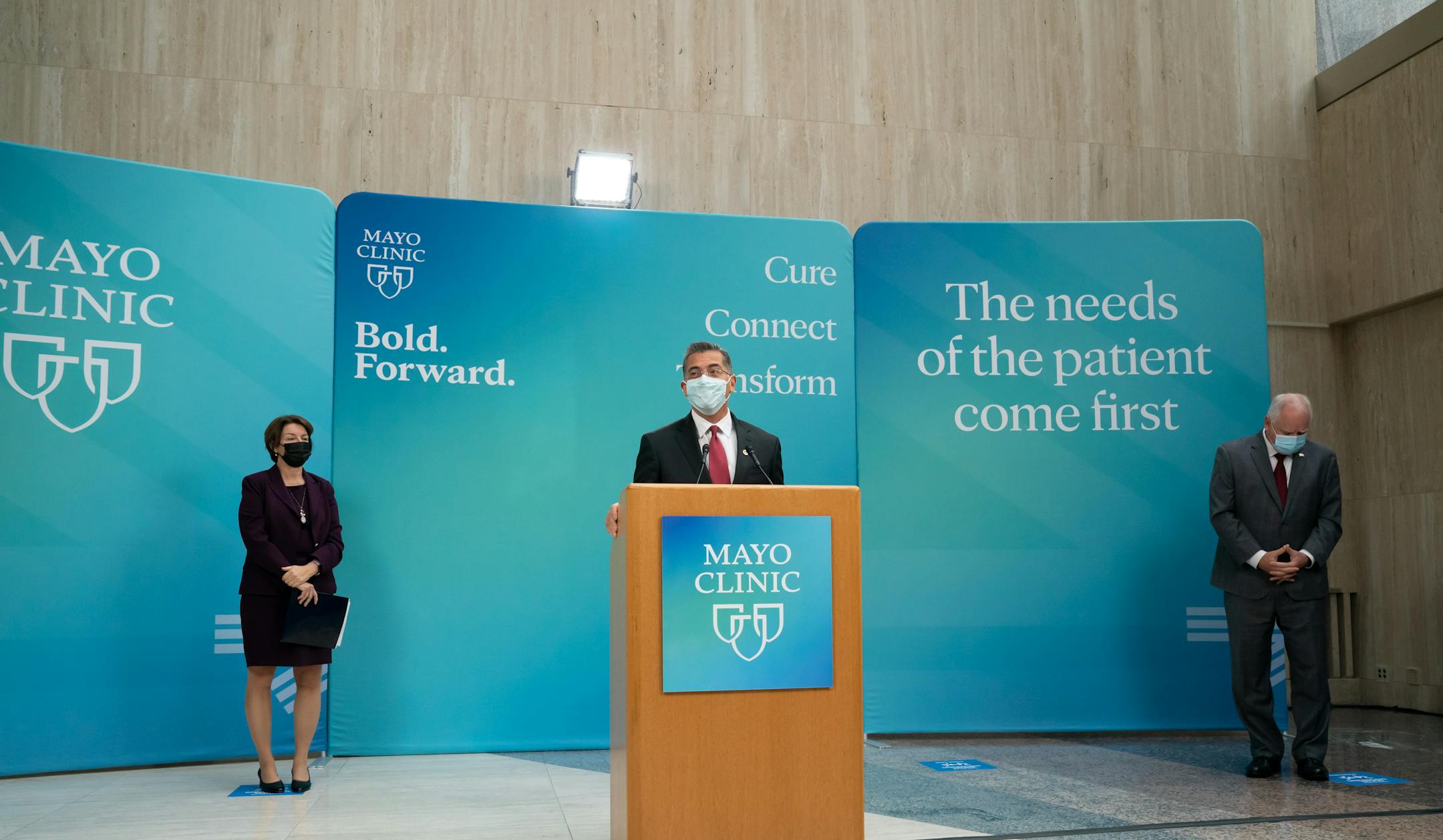Department of Health and Human Services Sec. Xavier Becerra spoke at the Mayo Clinic, Wednesday, Nov. 10, 2021, in Rochester, Minn., on the left is U.S. Sen. Amy Klobuchar, on the right, Minnesota Governor Tim Walz. Becerra traveled to Minnesota to encourage pediatric vaccinations and highlight the Biden-Harris Administration's plans to build back better through investments in affordable drug prices. ] GLEN STUBBE • glen.stubbe@startribune.com