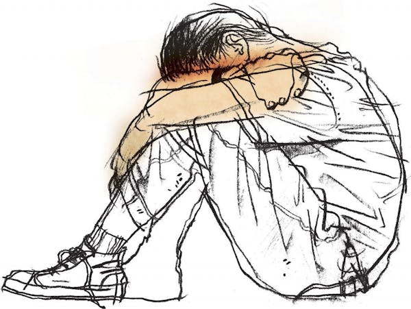 300 dpi Val B. Mina color illustration of young person sitting on floor with face hidden by arms. The Sacramento Bee 2008<p> teen suicide illustration
