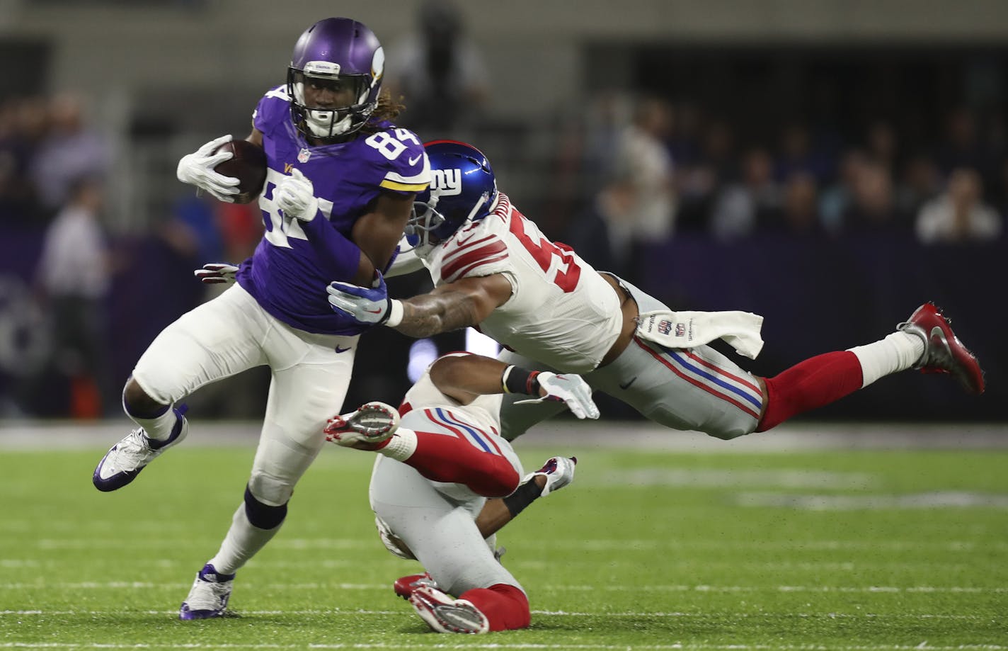 Minnesota Vikings wide receiver Cordarrelle Patterson (84) eluded Giants linebacker Keenan Robinson (57) and defensive back Andrew Adams (33) after catching pass in the first quarter. ] JEFF WHEELER &#xef; jeff.wheeler@startribune.com The Vikings faced the New York Giants in an NFL Monday Night Football game October 3, 2016 at U.S. Bank Stadium in Minneapolis. in the first quarter. ] JEFF WHEELER &#xef; jeff.wheeler@startribune.com The Vikings faced the New York Giants in an NFL Monday Night Foo