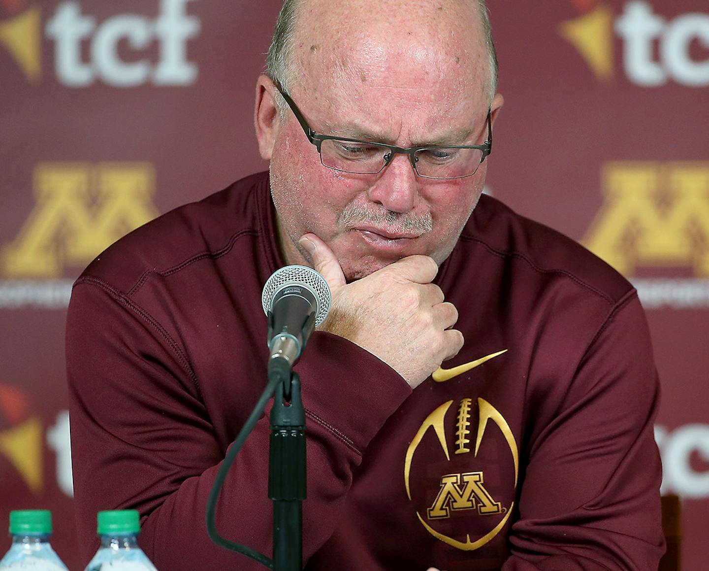 Minnesota Gophers head coach Jerry Kill became emotional as he announced that he is resigning from the football program because of health issues during a press conference, Wednesday, October 28, 2015 at TCF Bank Stadium in Minneapolis, MN. ] (ELIZABETH FLORES/STAR TRIBUNE) ELIZABETH FLORES &#x2022; eflores@startribune.com