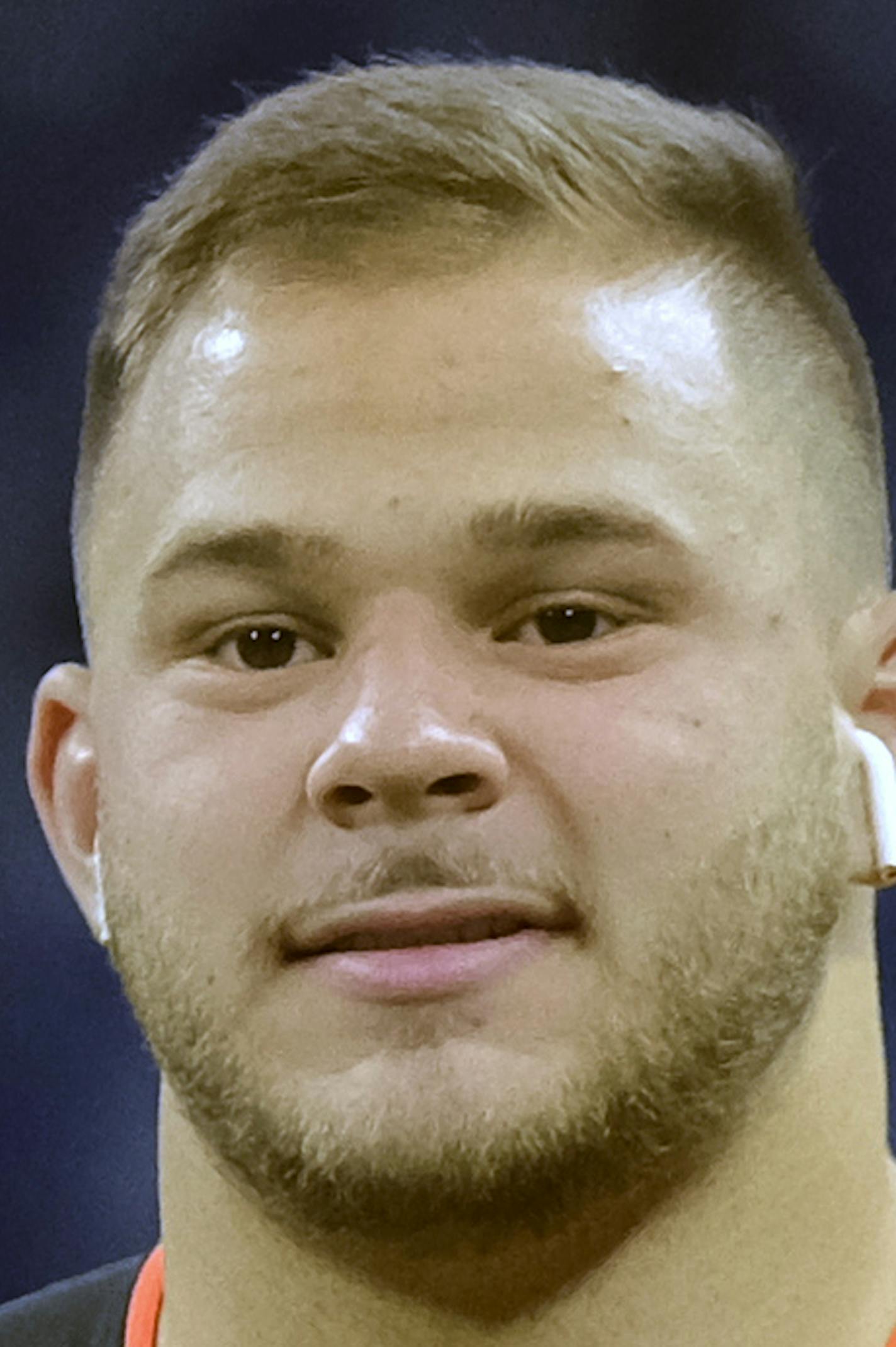 FILE - Ijn this Feb. 28, 2019, file photo, NC State offensive lineman Garrett Bradbury participates in a drill during the NFL football scouting combine in Indianapolis. Bradbury is a possible pick in the 2019 NFL Draft. (AP Photo/AJ Mast, File)