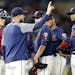 Minnesota Twins manager Rocco Baldelli (5), second from left, took out Minnesota Twins starting pitcher Jake Odorizzi (12), center, in the sixth innin