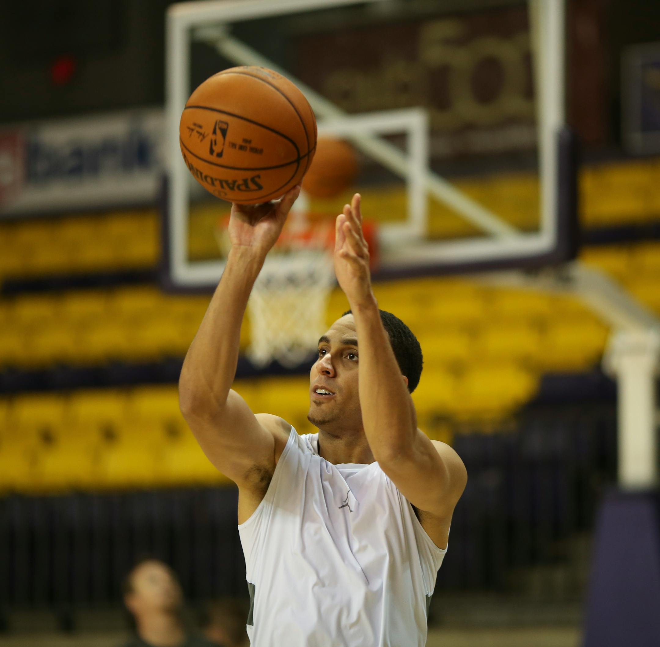 Kevin Martin practiced shooting after the Timberwolves workout Tuesday afternoon at Bresnan Arena in Taylor Center in Mankato. ] JEFF WHEELER • jeff.wheeler@startribune.com After a midnight scrimmage Monday night, the Minnesota Timberwolves worked out Tuesday afternoon, September 29, 2014 at Bresnan Arena in Taylor Center on the campus of Minnesota State University, Mankato.