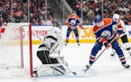 The Oilers' Zach Hyman (18) watched a tip-in by teammate Leon Draisaitl (not shown) go in past Kings goalie David Rittich on Monday night.