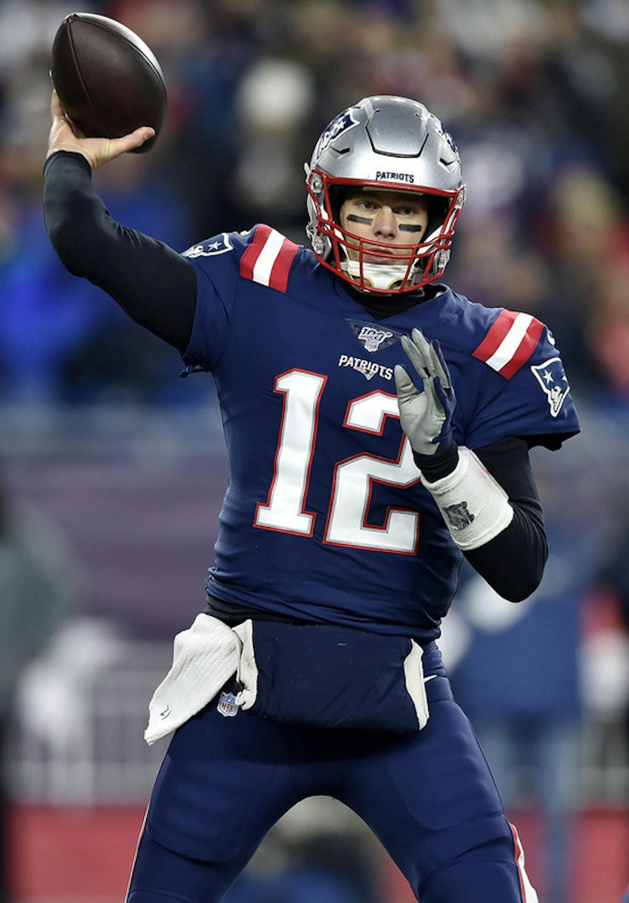 New England Patriots quarterback Tom Brady (12) throws during the first quarter against the Kansas City Chiefs on Sunday, Dec. 8, 2019 at Gillette Stadium in Foxborough, Mass. (Jill Toyoshiba/The Kansas City Star/TNS) ORG XMIT: 1518184