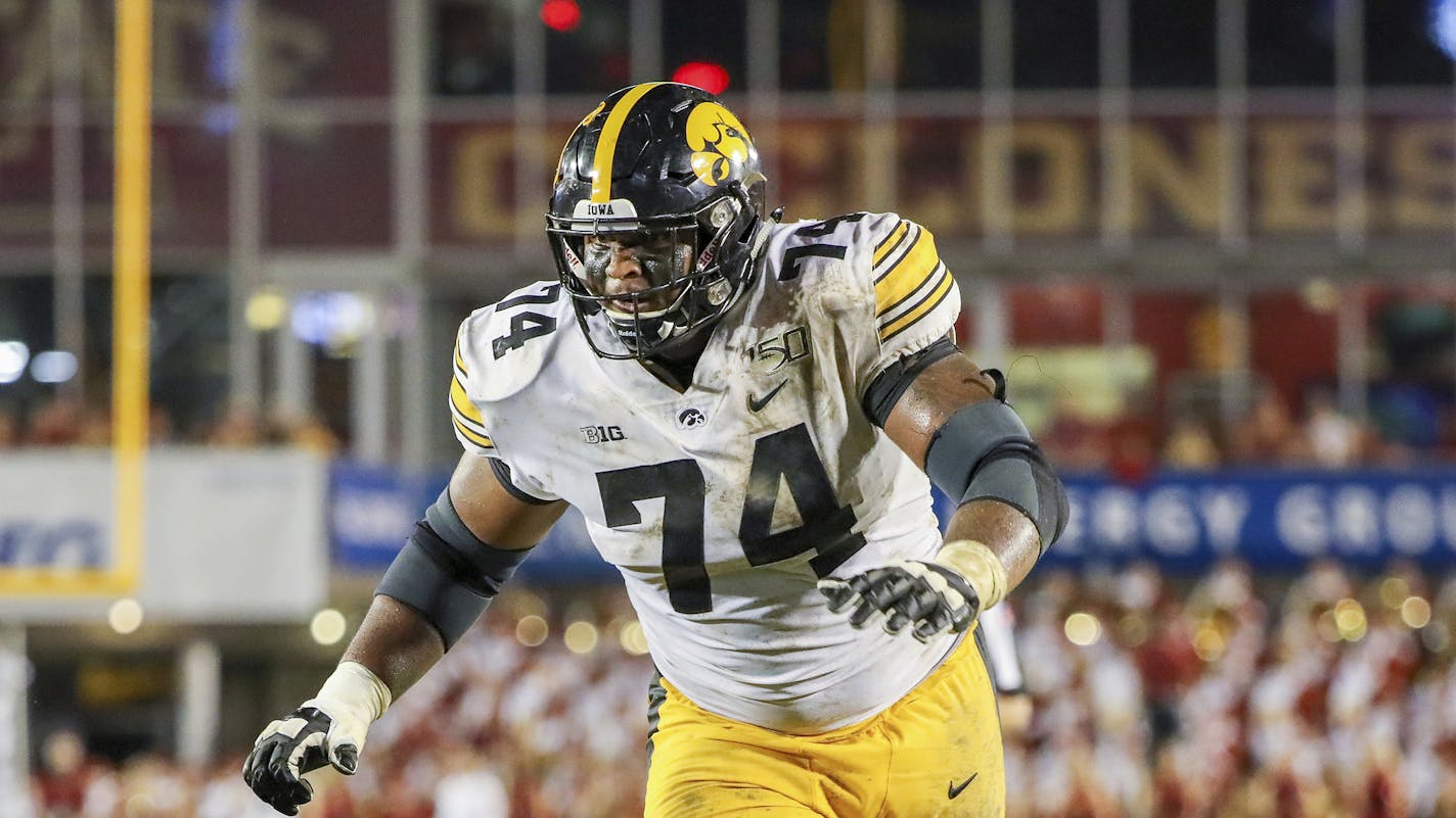 FILE - In this Sept. 14, 2019, file photo,&#xa0;Iowa offensive lineman Tristan Wirfs plays against Iowa State during an NCAA football game, in Ames, Iowa. Wirfs was selected to The Associated Press All-Big Ten Conference team, Wednesday, Dec. 11, 2019. (AP Photo/Justin Hayworth, File)