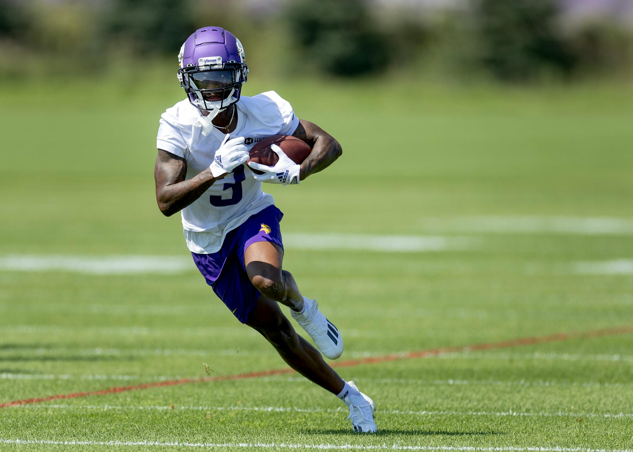 Minnesota Vikings rookie receiver Jordan Addison (3) during practice.