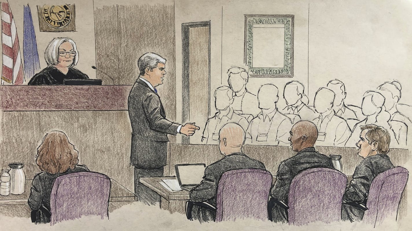 This courtroom sketch provided by Cedric Hohnstadt depicts the opening argument by Hennepin County prosecutor Patrick Lofton, standing, Tuesday, April 9, 2019, in Minneapolis, during the murder trial of former Minneapolis police Officer Mohamed Noor, second from right, who fatally shot an unarmed Australian woman, Justine Ruszczyk Damond, in July 2017, after she called 911 to report a possible sexual assault behind her home. Also depicted are Hennepin County District Judge Kathryn Quaintance, le