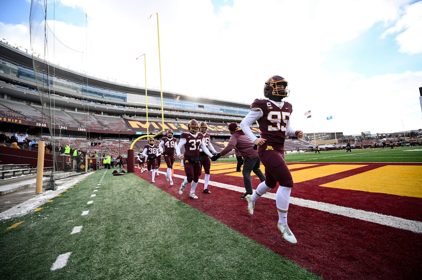 Special teams players, including place kicker Matthew Trickett (95), take the field to warm up before the start of an NCAA football game against the Iowa Hawkeyes Saturday, Nov. 19, 2022 at Huntington Bank Stadium in Minneapolis, Minn.. ] AARON LAVINSKY • aaron.lavinsky@startribune.com