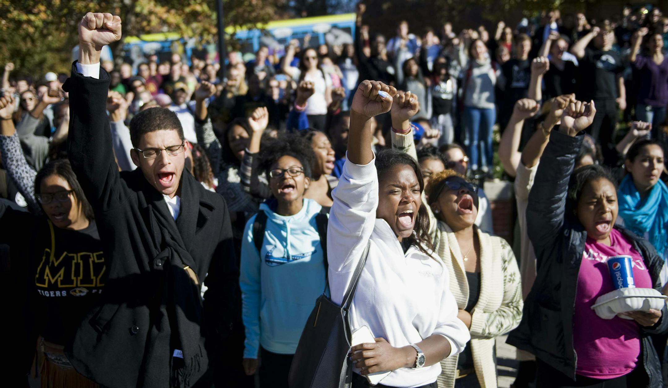 Supporters of the student protest group Concerned Student 1950 celebrate and chant following the announcement of the resignation of University of Missouri President Timothy Wolfe, on campus in Columbia, Mo., Nov. 9, 2015. Wolfe announced that he was stepping down after a wave of student outcry, including an ultimatum from dozens of black football players that they would not play if he did not resign. (Daniel Brenner/The New York Times) ORG XMIT: MIN2015111213594530
