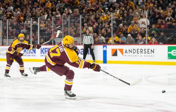 Minnesota forward Brody Lamb (17) scores a goal to tie the game 4-4 against St. Thomas in the third period Friday, Oct. 13, 2023, at Xcel Energy Arena