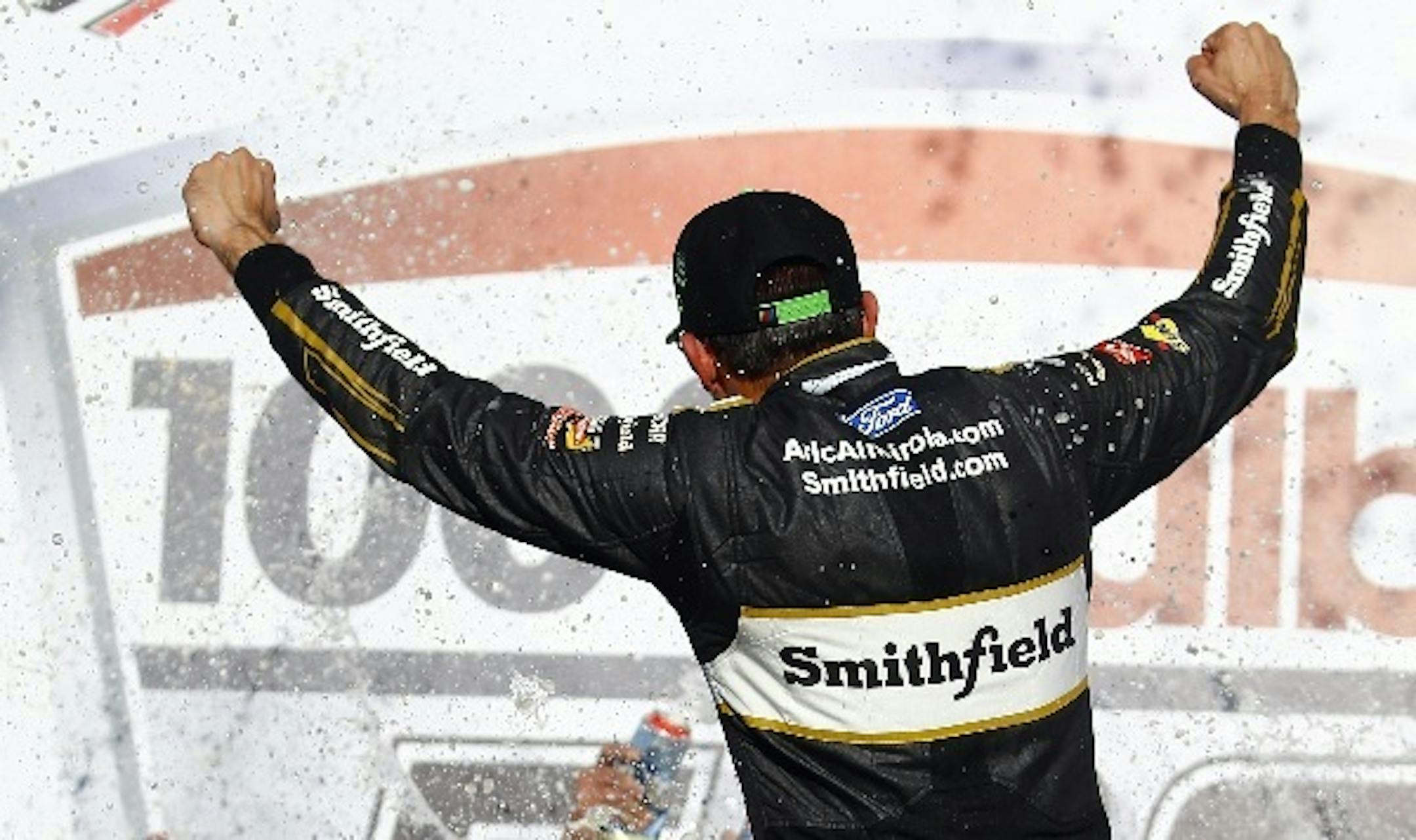 Aric Almirola celebrated in Victory Lane after winning the 1000Bulbs.com 500 NASCAR Cup Series race at Talladega Superspeedway on Sunday.