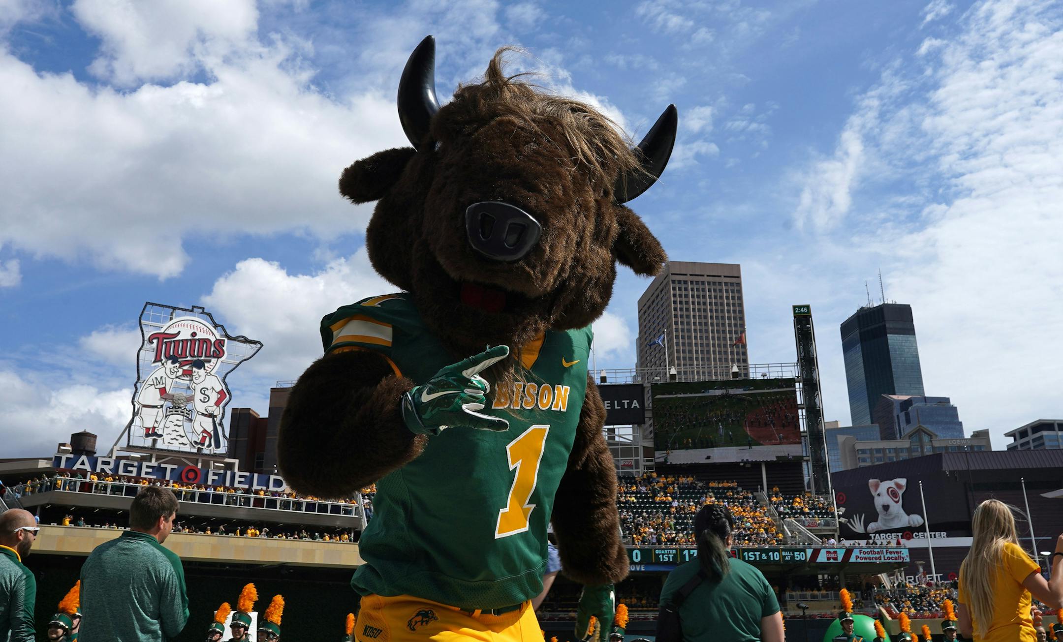 Thundar the North Dakota State Bison mascot rallied the crowd before Saturday's game against the Butler Bulldogs. ] ANTHONY SOUFFLE • anthony.souffle@startribune.com The North Dakota State Bison played the Butler Bulldogs in an NCAA football game Saturday, Aug. 31, 2019 at Target Field in Minneapolis.