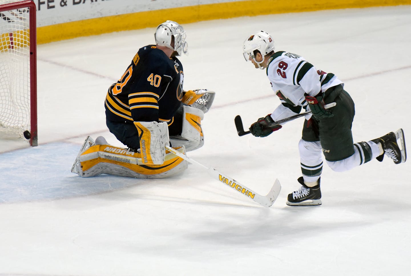 Buffalo Sabres goaltender Robin Lehner (40) gets beat as Minnesota Wild left winger Jason Pominville (29) for the game-winning goal in a shootout during an NHL hockey game, Saturday, March 5, 2016, in Buffalo, N.Y. Minnesota won 3-2 in a shootout. (AP Photo/Gary Wiepert)