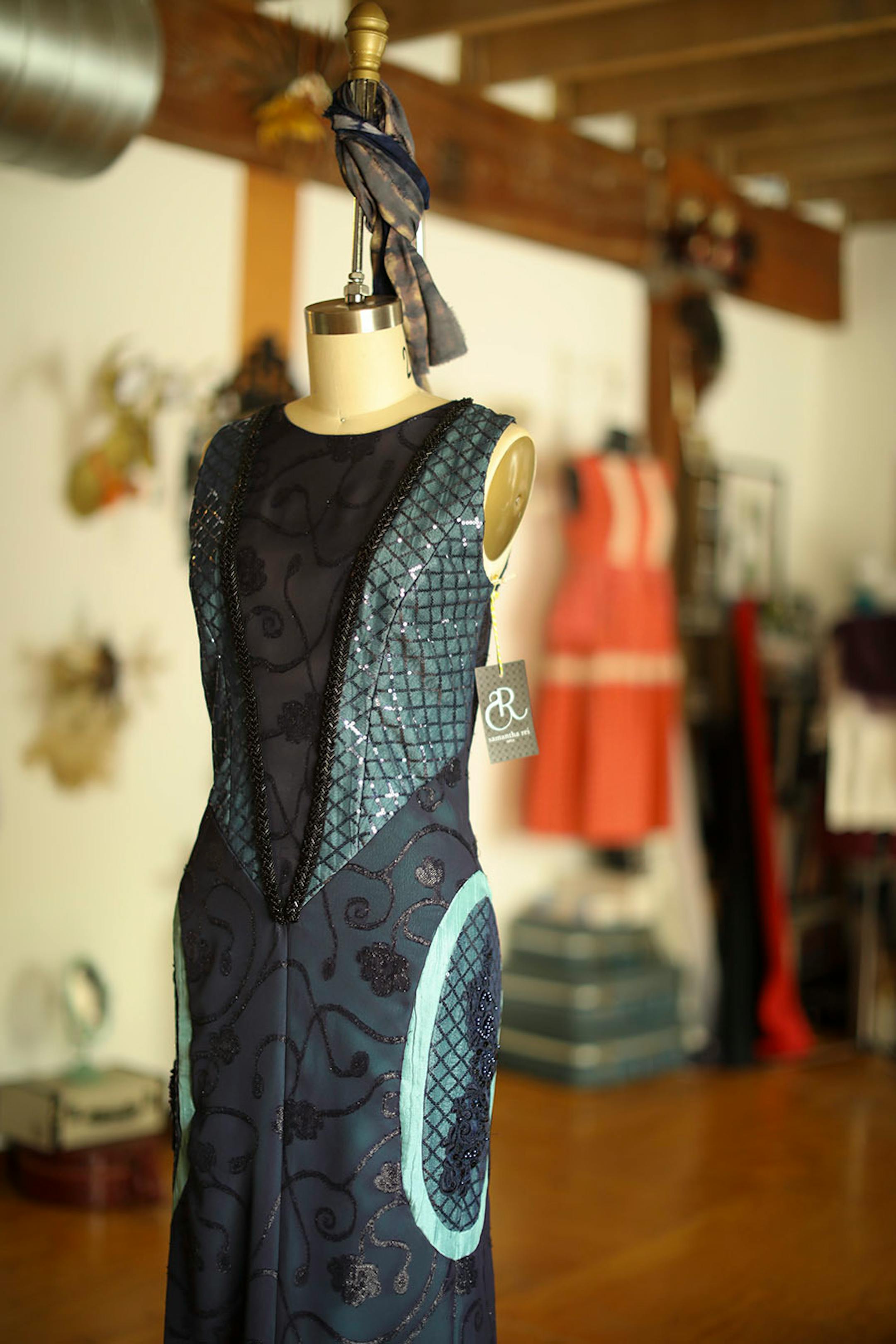 A dress by Minneapolis designer Samantha Rei on display in her Minneapolis studio.