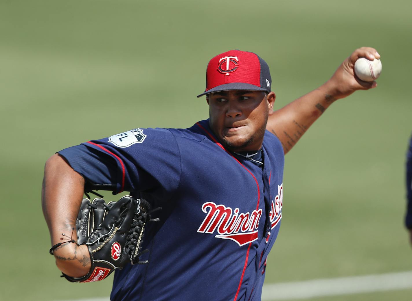 Minnesota Twins relief pitcher Adalberto Mejia (49) warms up in the bullpen during a spring training baseball game Miami Marlins Friday, March 10, 2017, in Jupiter, Fla. (AP Photo/John Bazemore) ORG XMIT: FLJB1