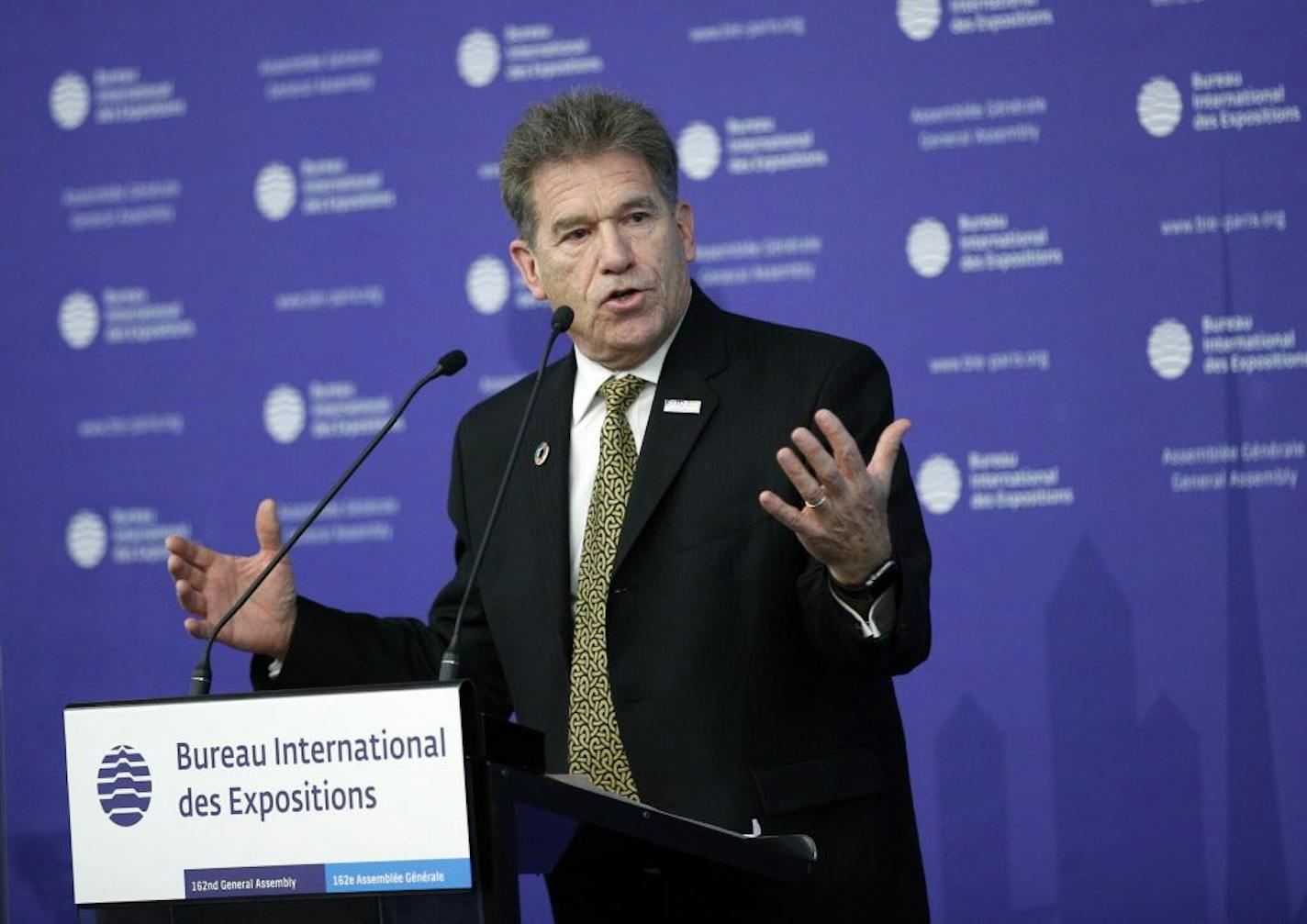 Former secretary of State of Minnesota and President and CEO-USA Expo Mark Ritchie delivers a speech at the 162nd General Assembly of BIE, in Paris, Wednesday, Nov. 15, 2017. The Bureau International des Expositions (BIE) is the intergovernmental organisation in charge of overseeing and regulating World Expos, since 1931. Argentina will host Specialised Expo 2022/23.