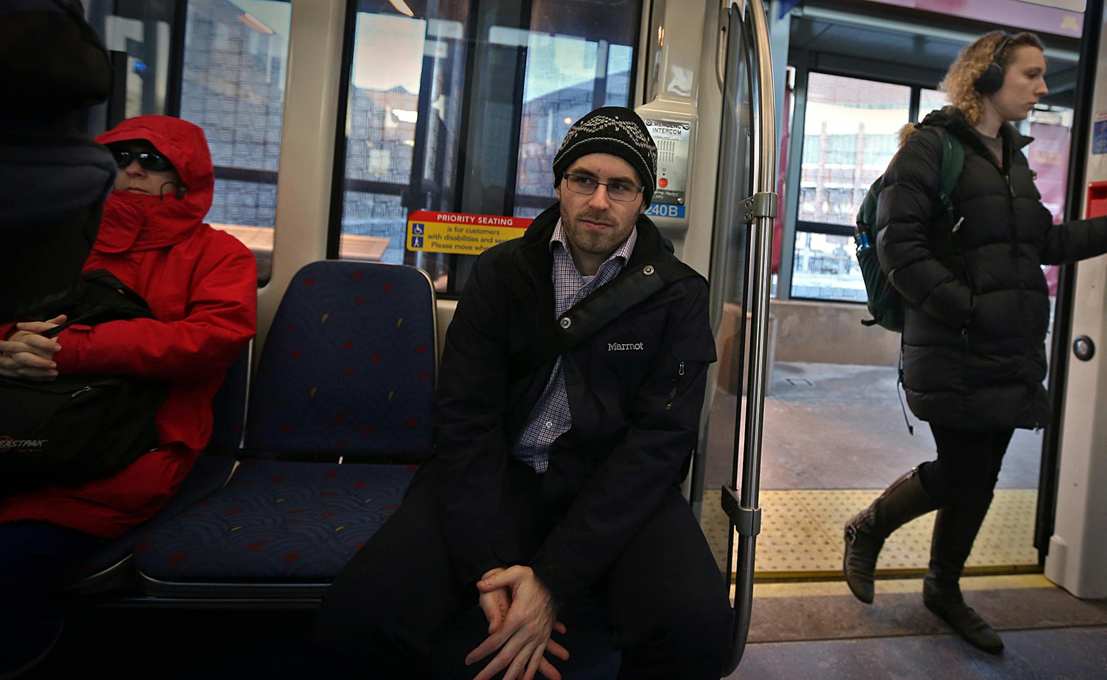 Jonathan Reiner and his girlfriend Emma Fazio (not pictured) are multimodal millennial commuters. They get on the Green Line every day -- she heads to St. Paul and he goes to Minneapolis. ] JIM GEHRZ ‚Ä¢ james.gehrz@startribune.com / St. Paul/Minneapolis, MN / November 22 2014 /7:30 AM ‚ÄìBACKGROUND INFORMATION ‚Äì Over the past decade, after more than six decades of steady increases, the number of miles driven by the average American has been f