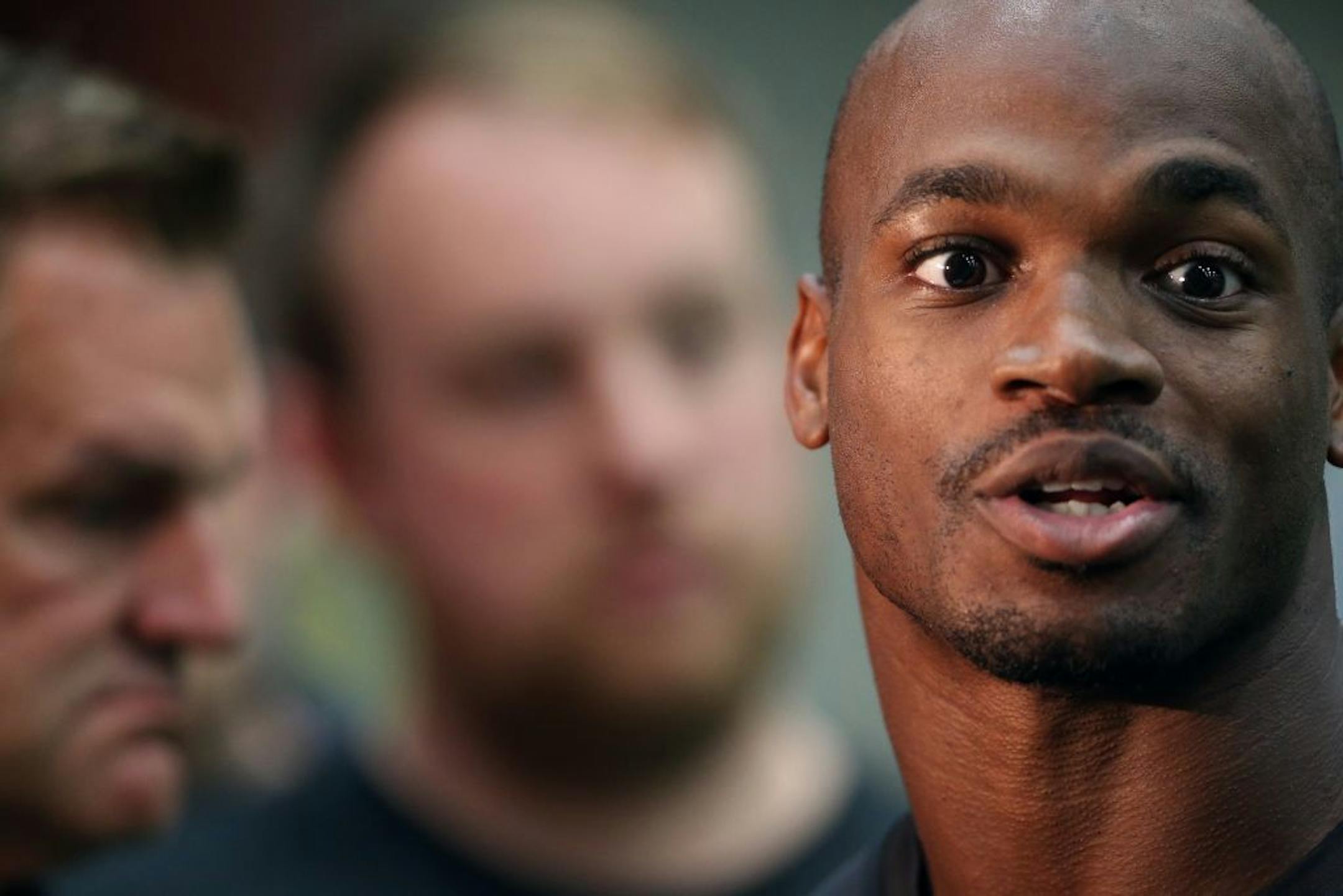 Running back Adrian Peterson spoke during OTA training at Winter Park Wednesday May 25, 2016 in Eden Prairie, MN.