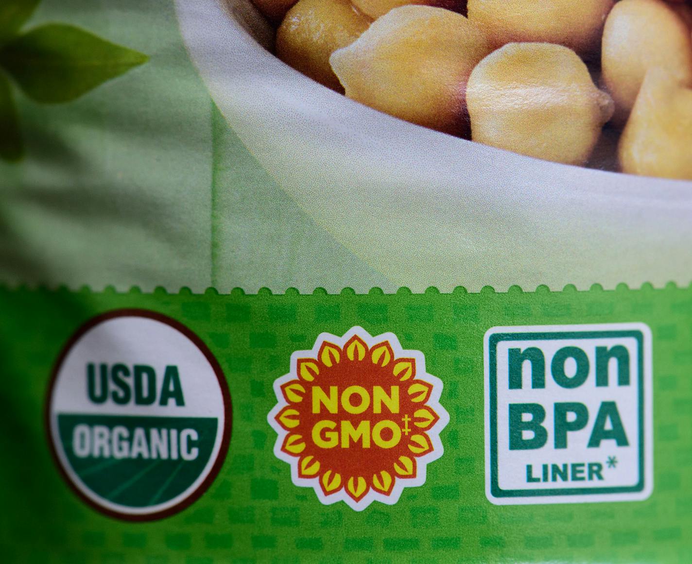 A non-GMO label pictured on a can of garbanzo beans in Portland, Ore., on March 16, 2016. The U.S. Senate today blocked what opponents called the Deny Americans the Right to Know (DARK) Act, which would have made labeling GMO food products voluntary. (Photo by Alex Milan Tracy) *** Please Use Credit from Credit Field ***