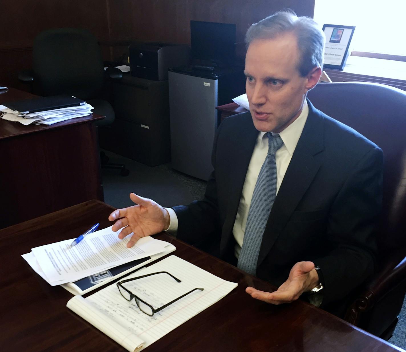 In this March 16, 2018, file photo, Minnesota Secretary of State Steve Simon discusses election security issues in his office in St. Paul, Minn. (AP Photo/Steve Karnowski, File)