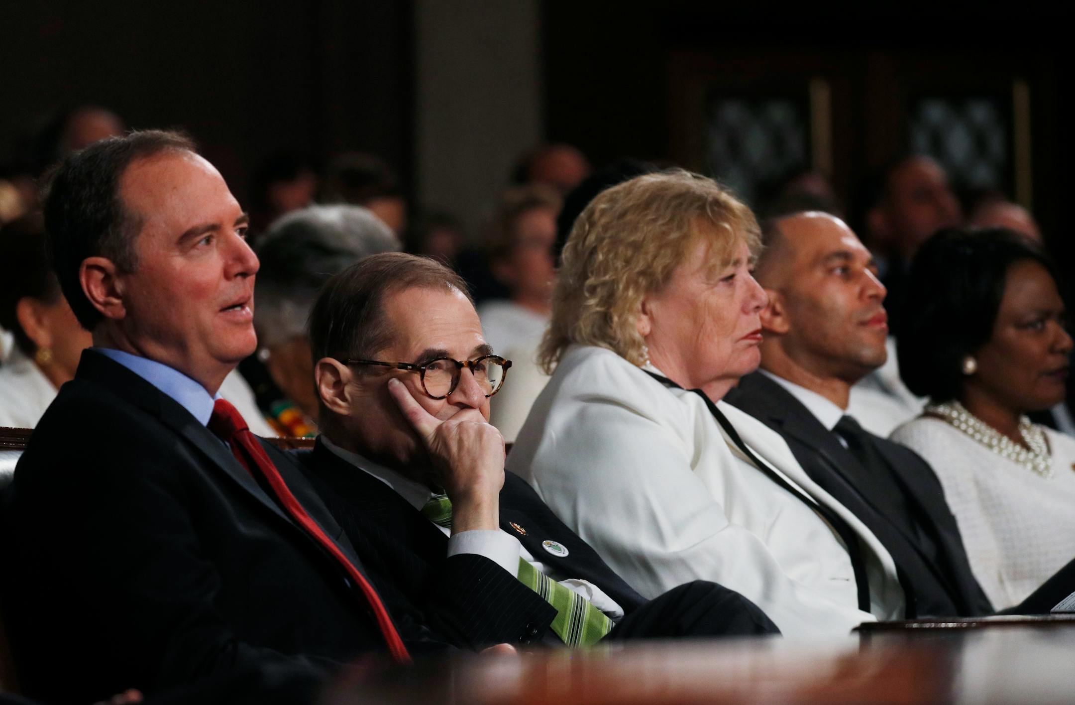 House impeachment managers Rep. Adam Schiff, D-Calif., Rep. Jerrold Nadler, D-N.Y., Rep. Zoe Lofgren, D-Calif., Rep. Hakeem Jeffries, D-N.Y., and Rep. Val Demings, D-Fla., listened as President Donald Trump delivered his State of the Union address to a joint session of Congress on Tuesday.