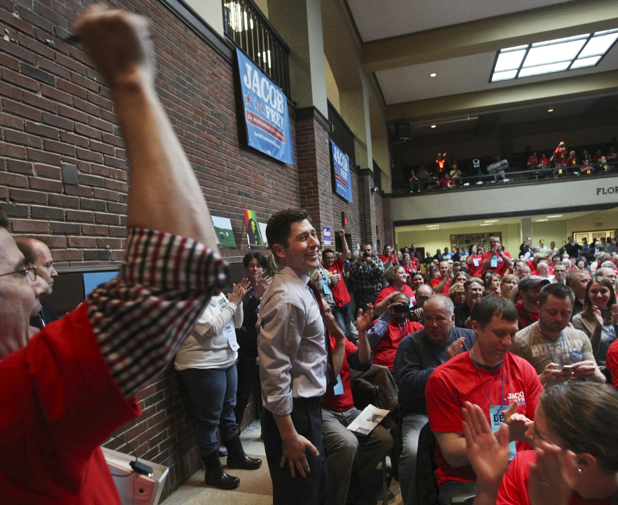 The DFL third ward convention between incumbent Council Member Diane Hofstede and challenger Jacob Frey didn't turn out to be much of a contest. Before any voting even took place, Hofstede withdrew, citing a flawed system and Frey got an overwhelming verbal endorsement for the seat from those gathered Saturday May 4, 2013, at De La Salle High School in Minneapolis, MN. Here, Frey listened to cheers after being chosen. ](DAVID JOLES/STARTRIBUNE) djoles@startribune.com The DFL third ward conventio