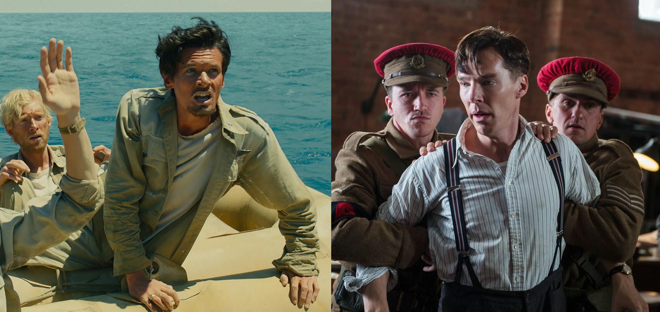 Jack O'Connell, left, as Louie Zamperini, is adrift in "Unbroken," while Benedict Cumberbatch as code breaker Alan Turing appears in a scene from "The Imitation Game."