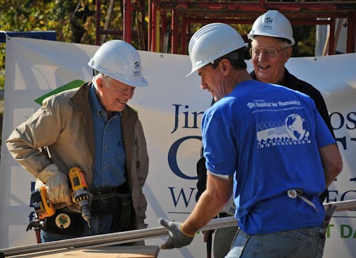 Former President Jimmy Carter and wife Rosalynnn come to town as part of their 27th annual work week for Habitat For Humanity on Oct. 6, 2010, which that year was held in Minnesota. Former President Jimmy Carter, Minneapolis Mayor R. T. Rybak and Former Vice President Walter Mondale work on the construction site in North Minneapolis where several Habitat houses are being built.