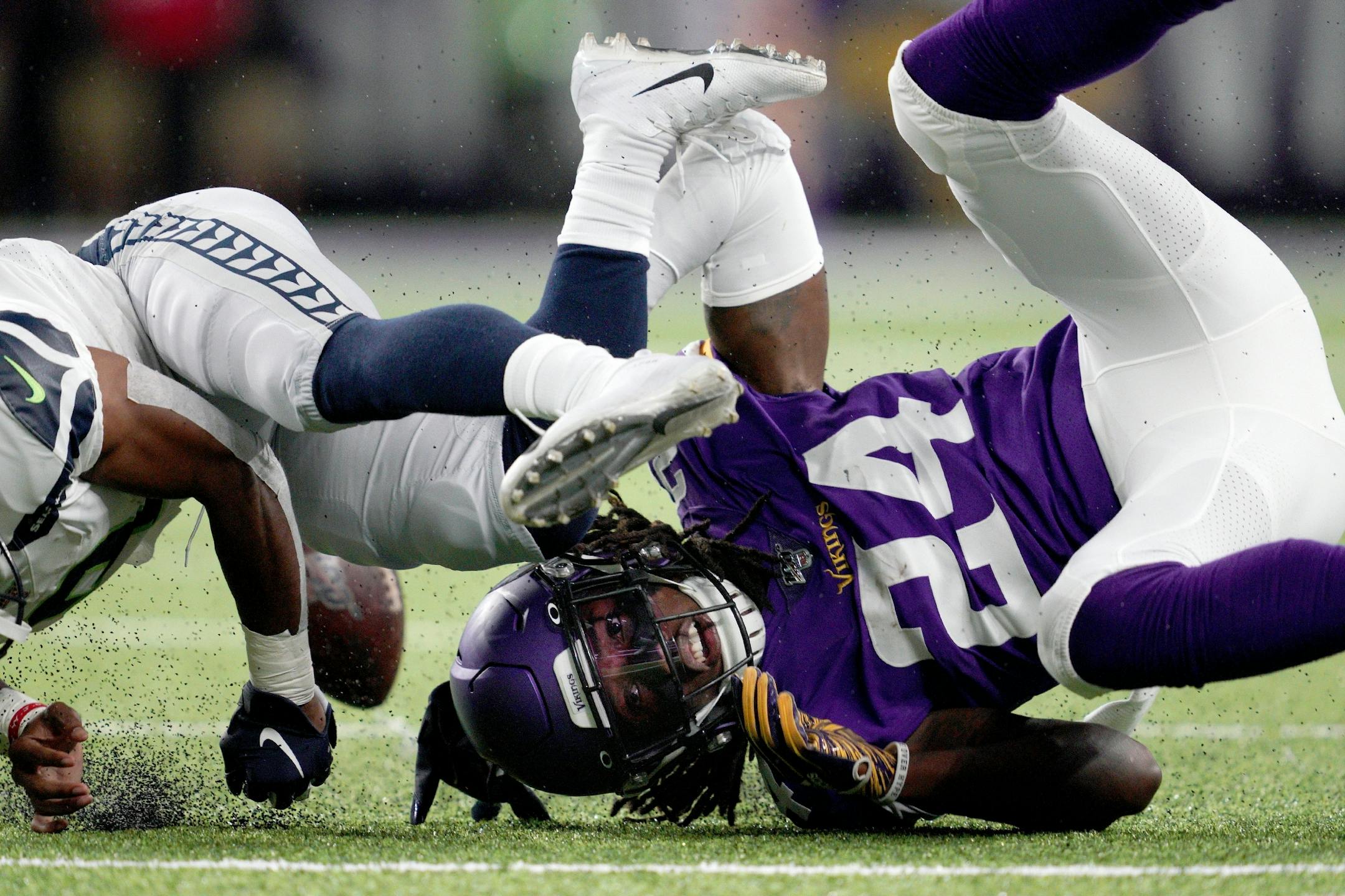 Minnesota Vikings defensive back Holton Hill (24) broke up a pass meant for Seattle Seahawks wide receiver Terry Wright (9) in the second half.
