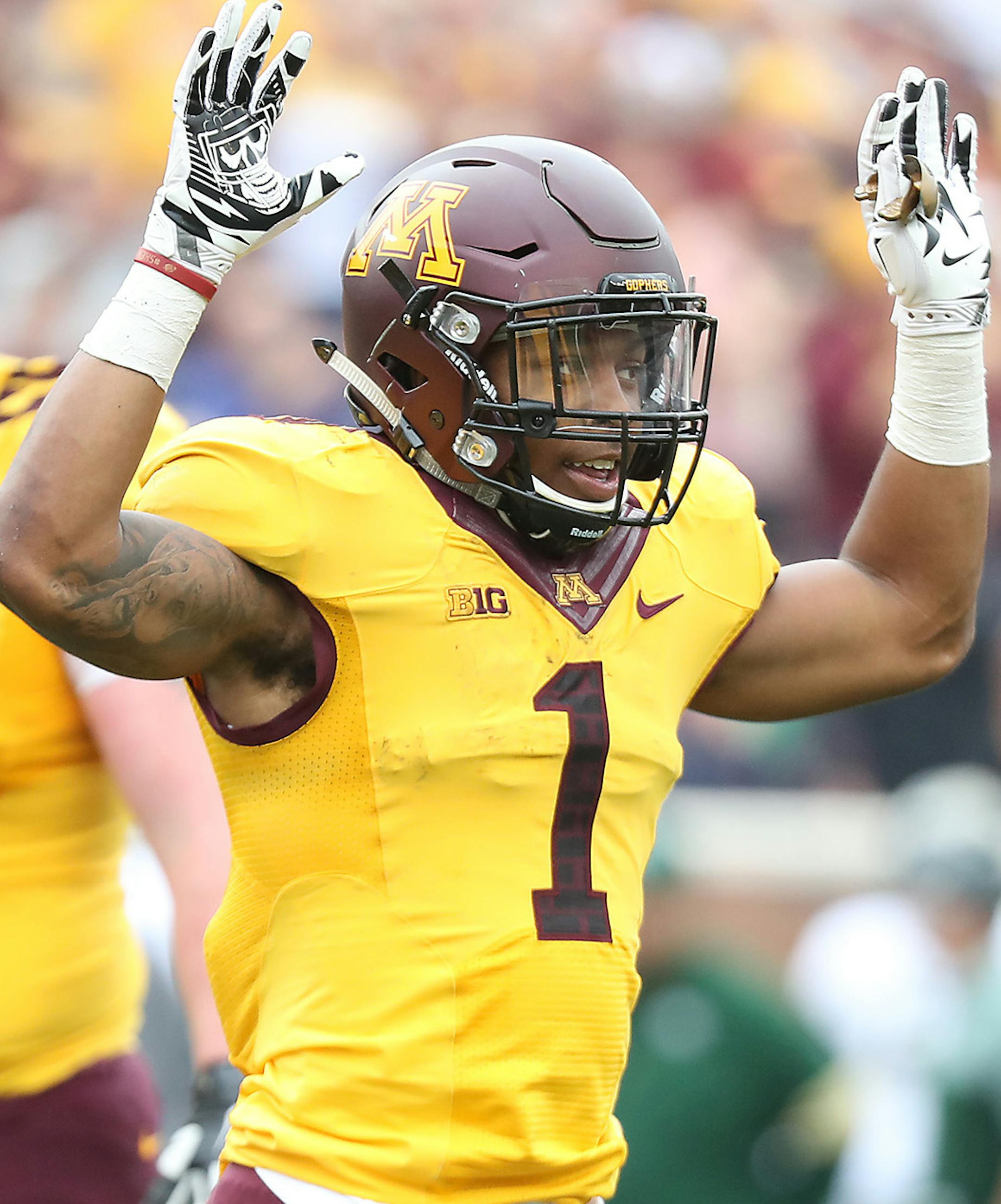 Minnesota's running back Rodney Smith celebrated a fourth quarter touchdown as the Gophers took on Colorado State at TCF Bank Stadium, Saturday, September 24, 2016 in Minneapolis, MN. ] (ELIZABETH FLORES/STAR TRIBUNE) ELIZABETH FLORES &#x2022; eflores@startribune.com